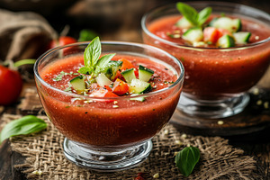 Homemade cold gazpacho soup in glass, a Food & Drink Photo by MistyDay