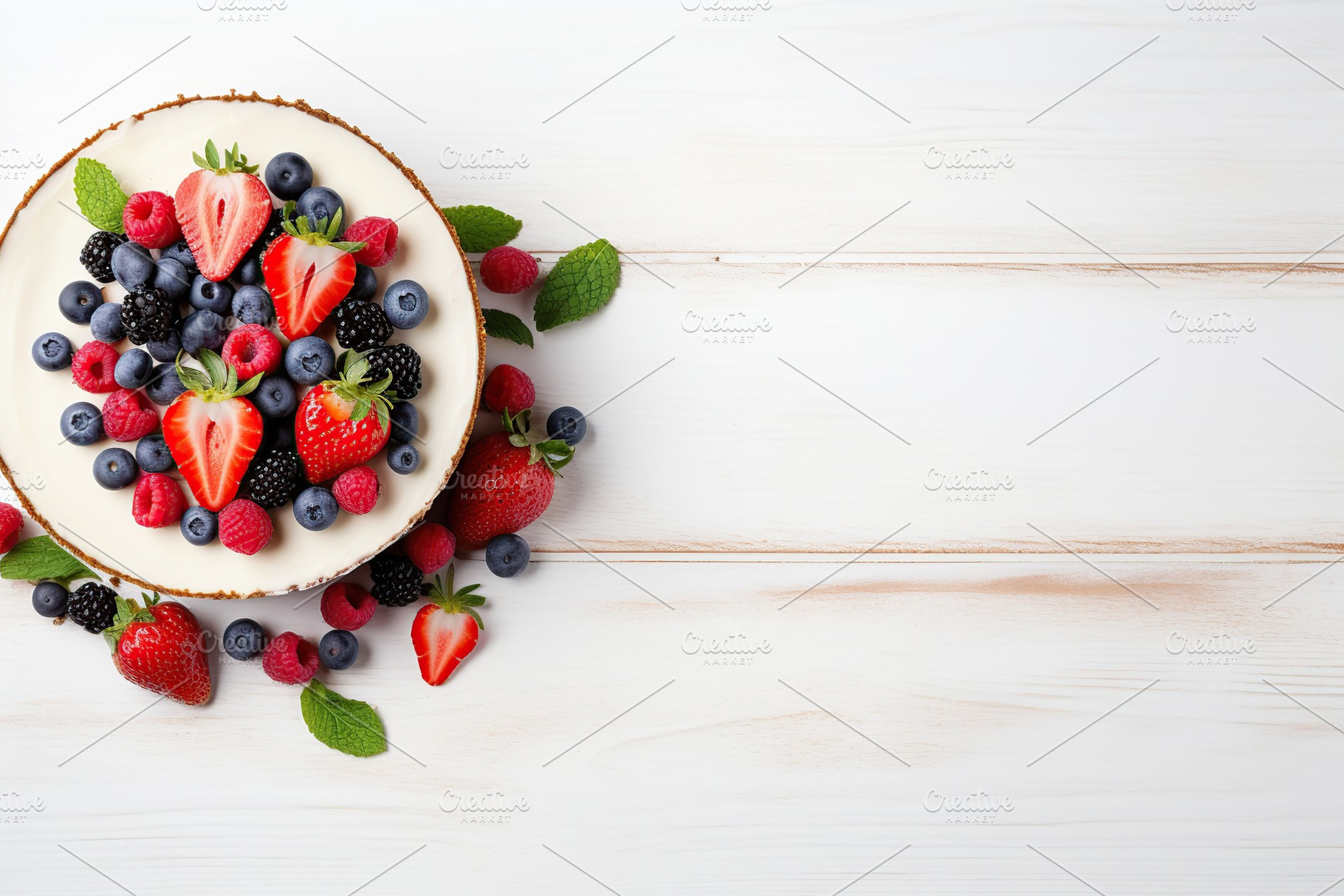 Sweet cheesecake with fresh berries on wooden background, a Food & Drink Photo by AlyaAnd