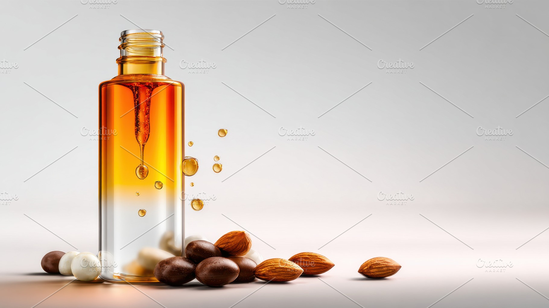 Oil bottle with nuts and drops, a Photo by Beautiful things