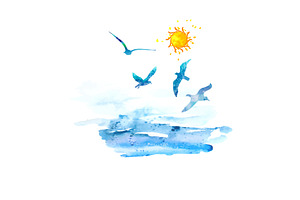 Sun seagulls and sea watercolor, an Illustration by Nenahliadava Design