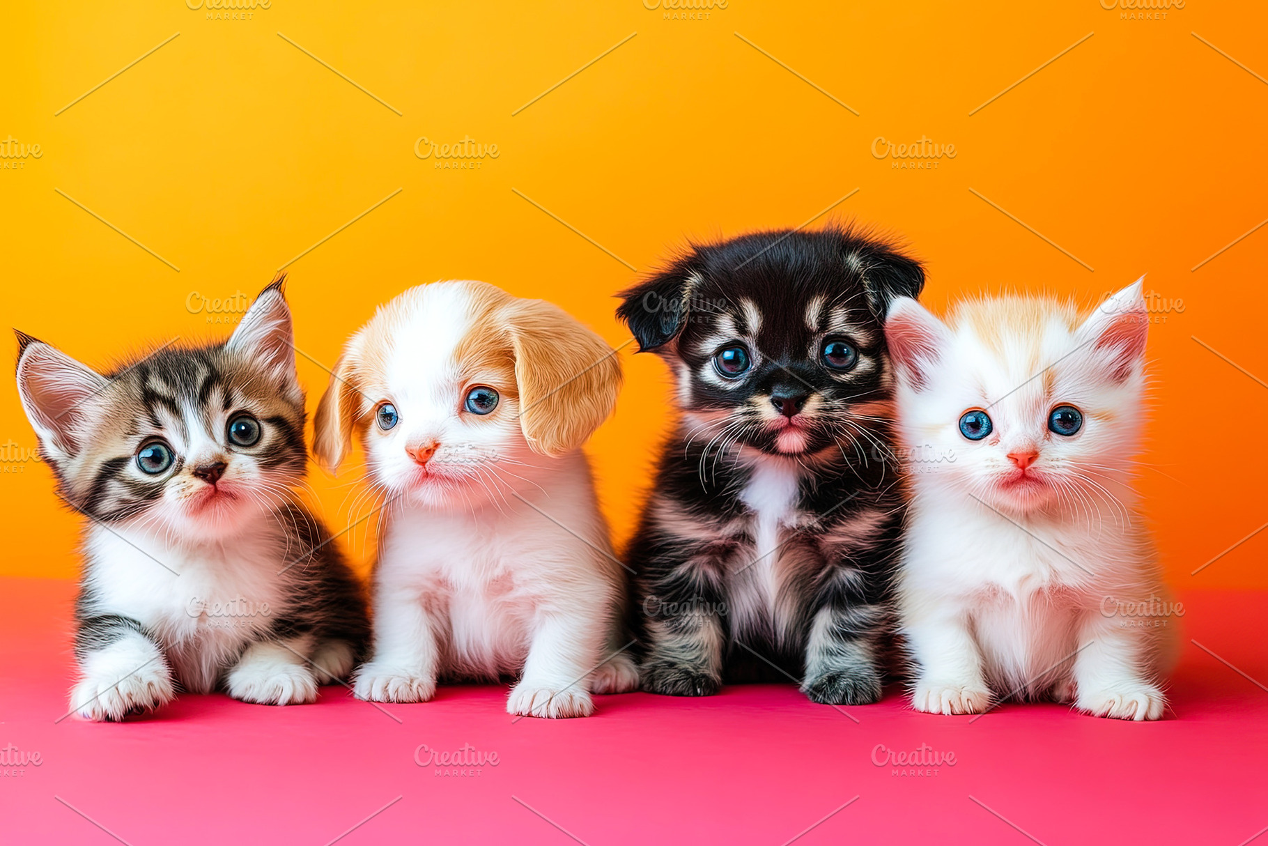 Adorable Kittens and Puppies on Colorful Background, an Animal Photo by Ales Munt