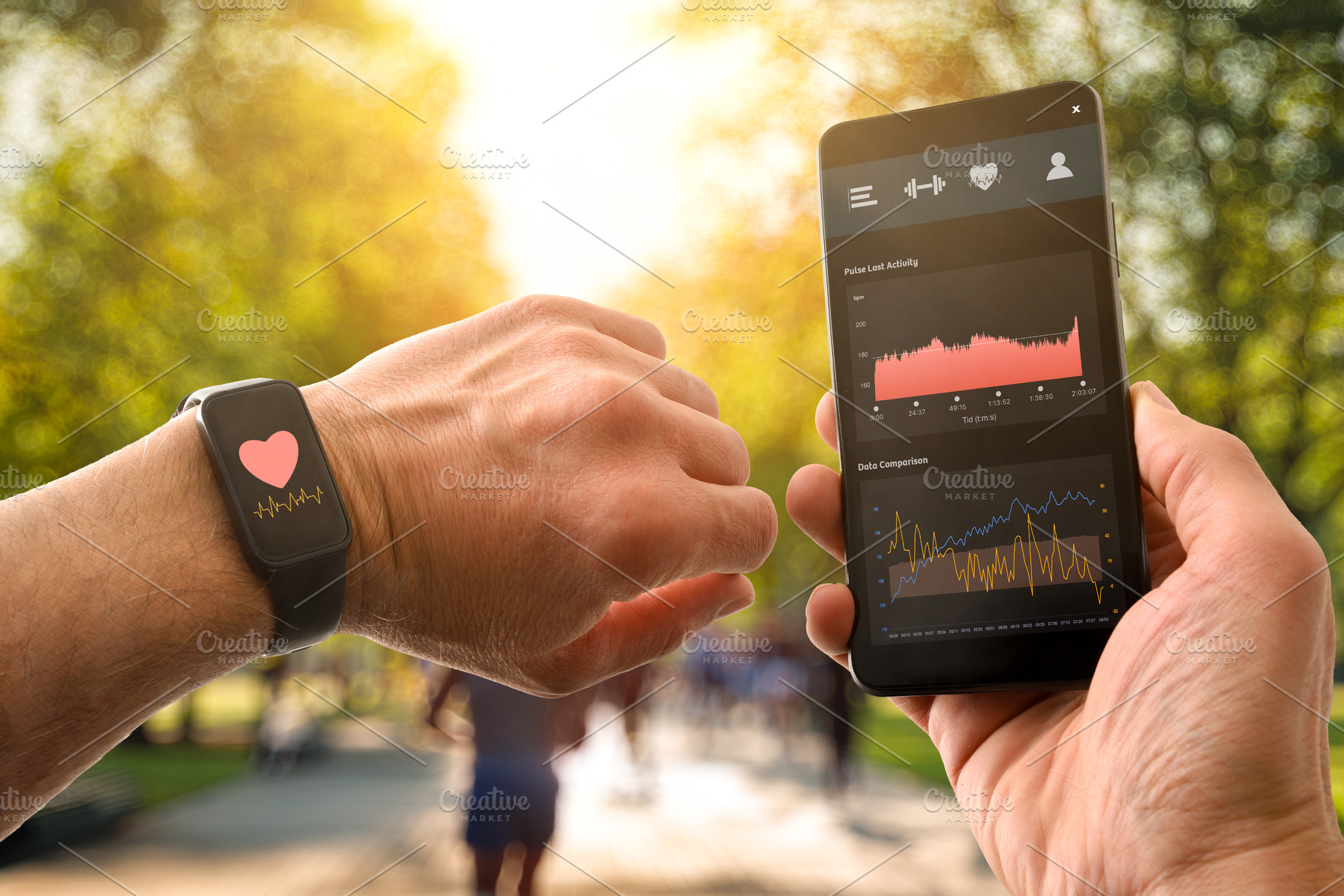Monitoring of sports training with phone and smartwatch outdoors, a Sports & Recreation Photo by Davizro's Market