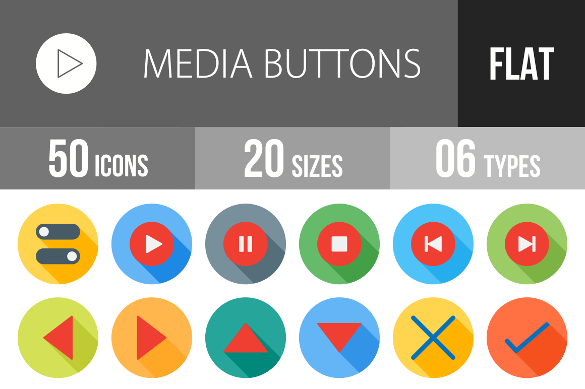 50 Media Buttons Flat Icons | Icons ~ Creative Market