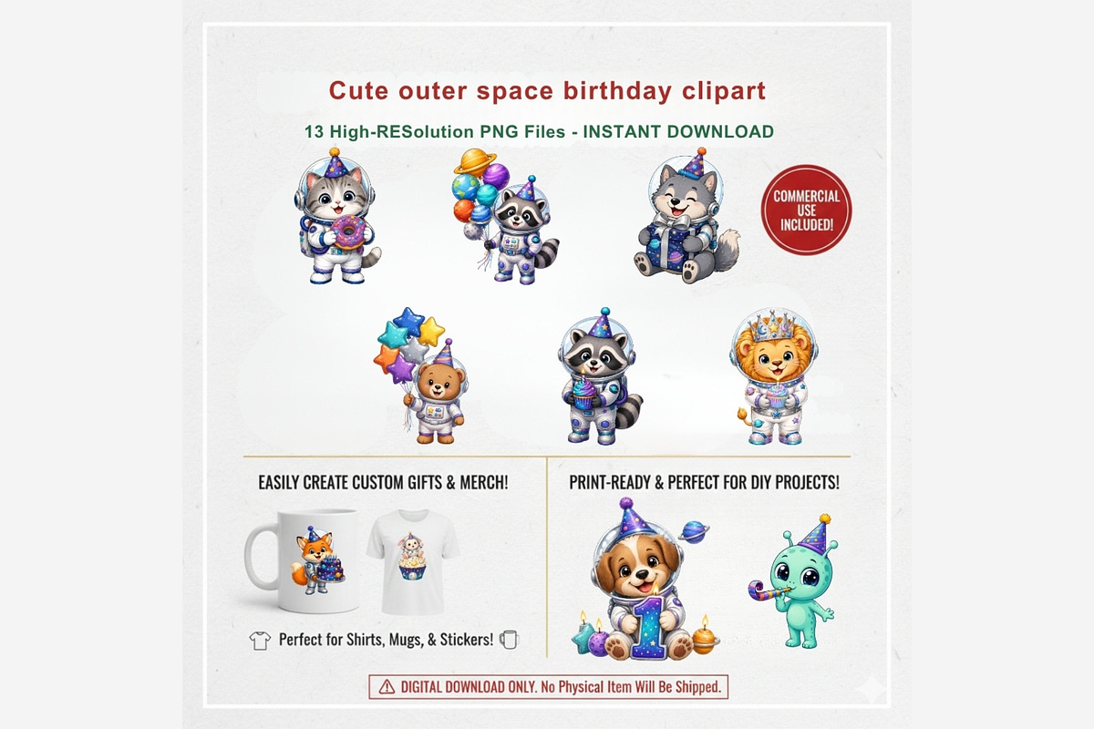 Outer Space Birthday Clipart Bundle, a Seasonal Illustration by Tanya Kart (Photo 2 of 5)