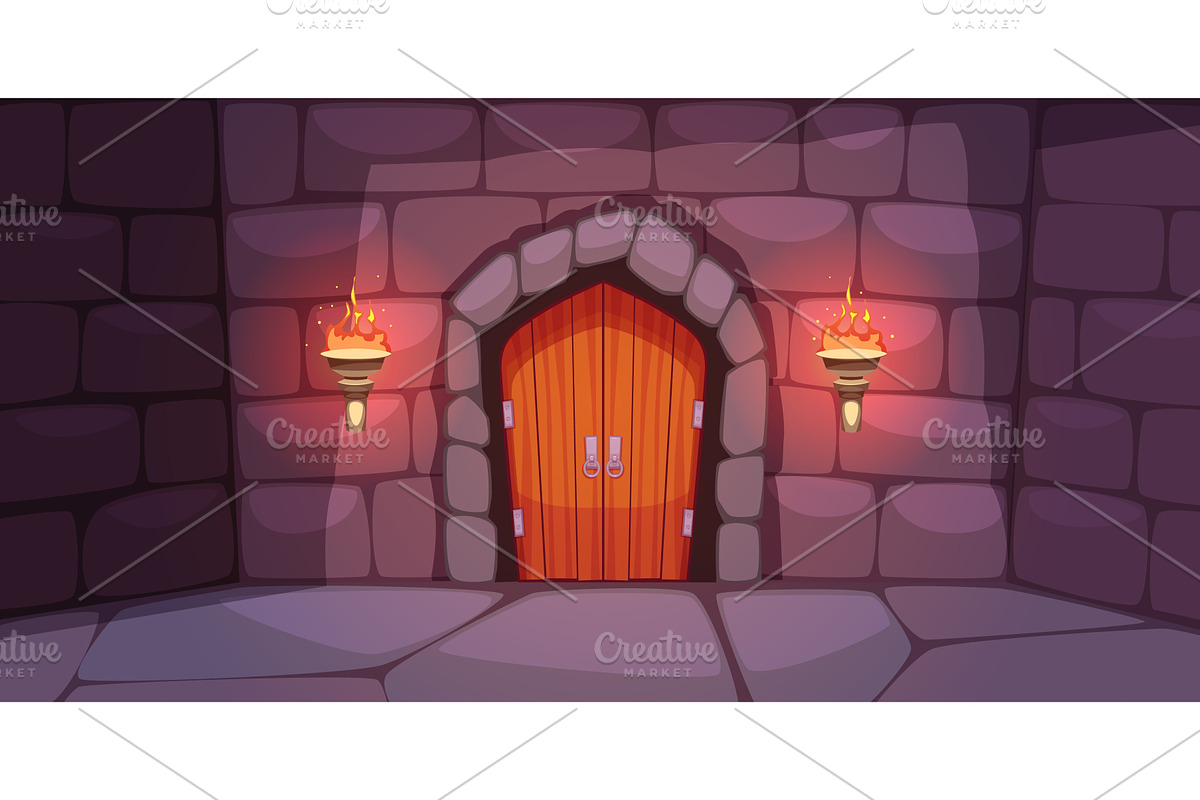 Castle door with torches. Ancient, an Object Illustration by YummyBuum