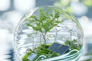 Eco concept for earth day with green trees, wind turbines and so, a Photo by Dvoevnore photos