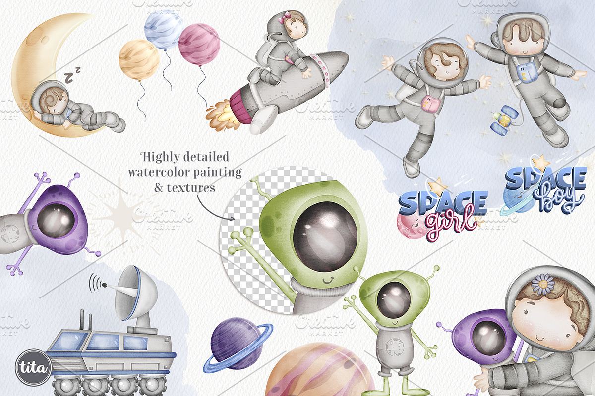 Space astronauts kids clipart, an Illustration by Tita Creative Studio (Photo 2 of 7)