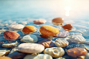 Colorful pebbles resting in clear water under bright sunlight at a tranquil lak, a Photo by AlyaAnd