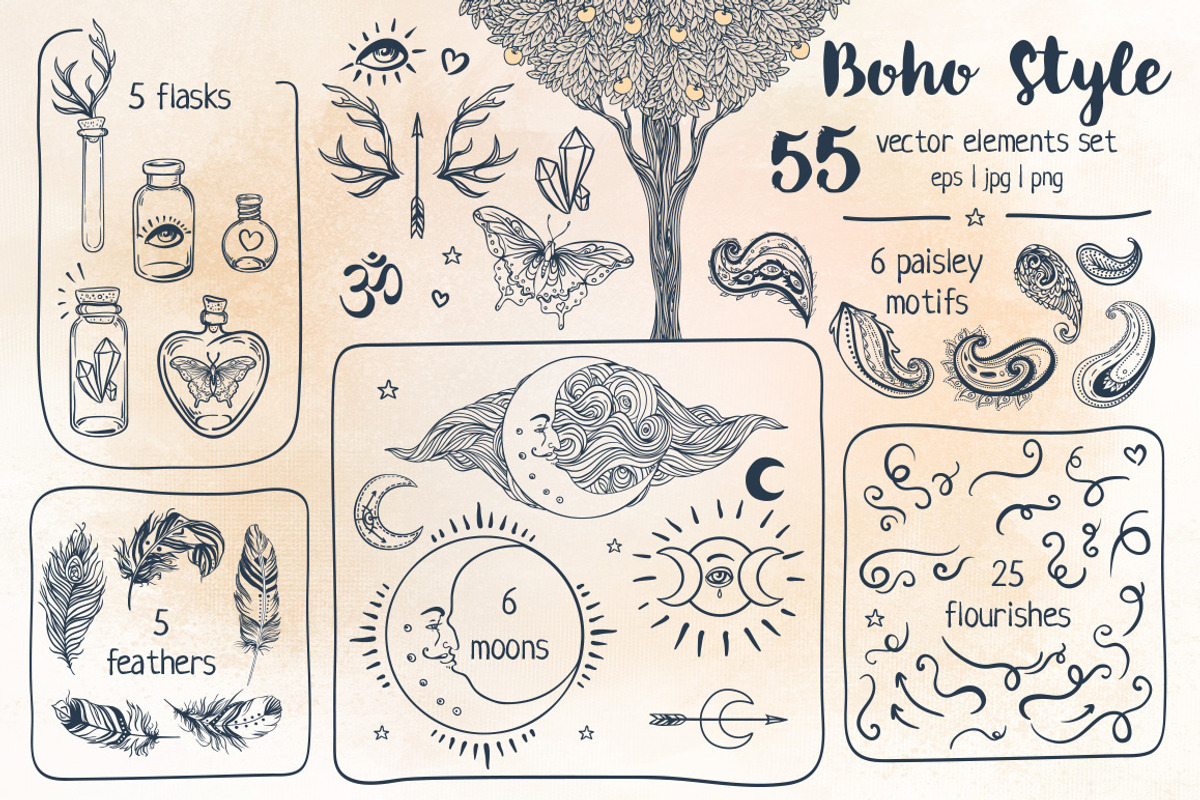 55 Boho Style Vector Set + Bonus, a Decorative Illustration by Varvara Gorbash (Photo 2 of 4)