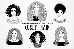 Curly Hair Girls: 6 hand drawn women