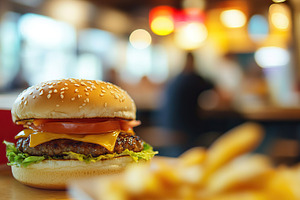 Burger with baked potatoes on blurred fast food restaurant backg, a Food & Drink Photo by AlyaAnd