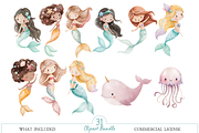 Watercolor Mermaid Clipart Bundle, an Illustration by MockupWizard (Thumbnail 2 of 4)