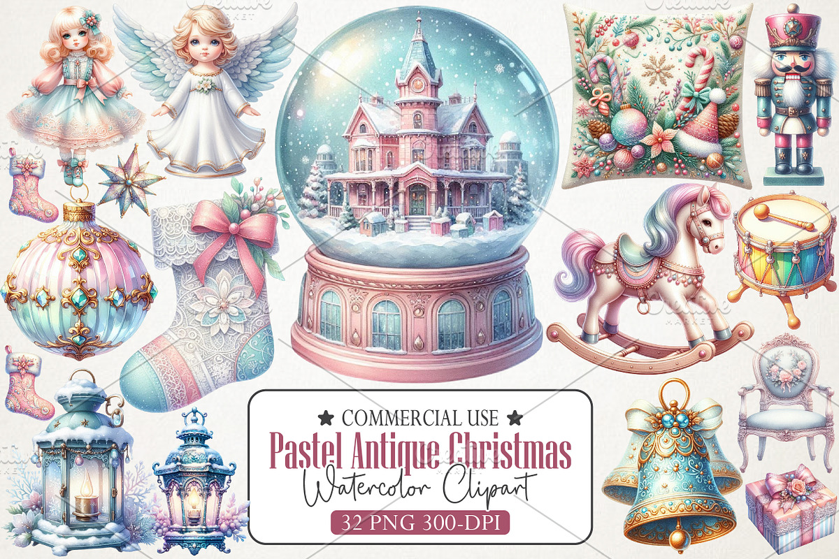 Pastel Antique Christmas Clipart, an Illustration by RobertsArt (Photo 1 of 7)