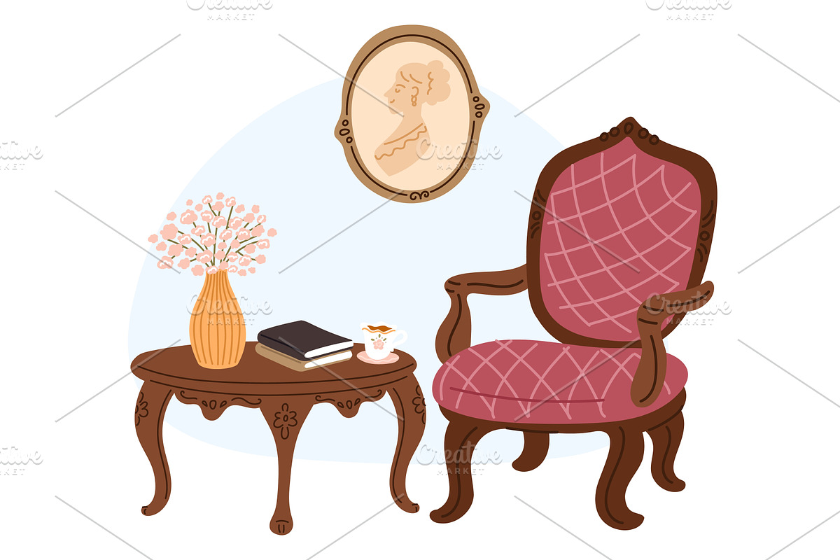 Vintage armchair with table of books, an Object Illustration by Vectorbuum