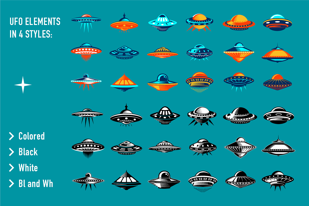 Retro UFO Vector Design Elements, an Object Graphic by Lettering_Logo (Photo 2 of 5)