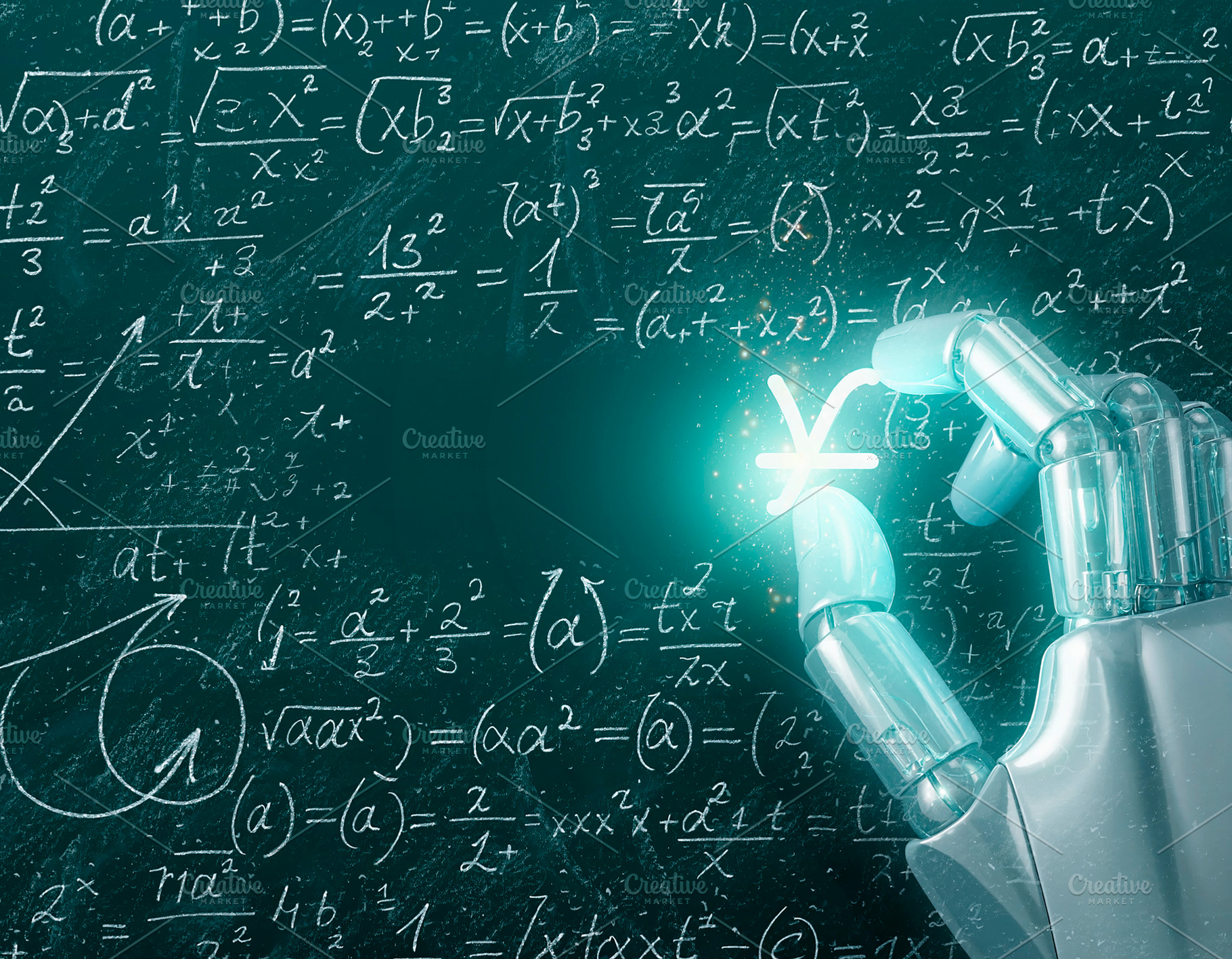 Robotic hand solving complex mathematical equations, a Technology Photo by DanFLCreativo
