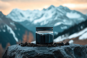 Shilajit jar amid snowy peaks, a Photo by Pavel_design