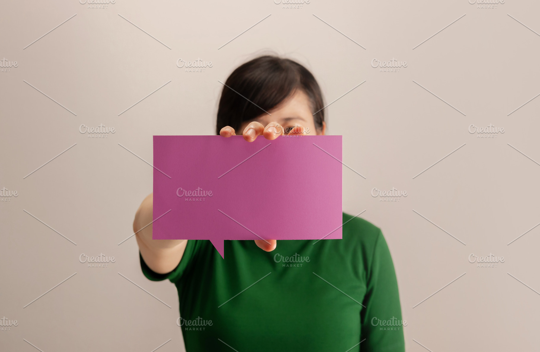 Woman holding a blank square card, communication, identity, mess, a Photo by salmon.black