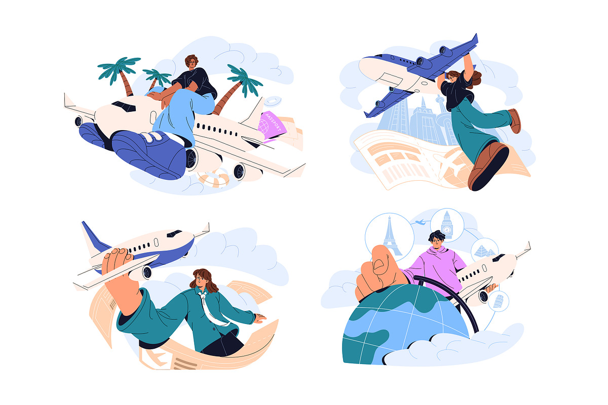 People travel by plane, air trip set, a Transportation Illustration by PaperTrident (Photo 1 of 5)