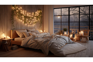 headboard string lights wood ai, a Beauty & Fashion Photo by pikepicture