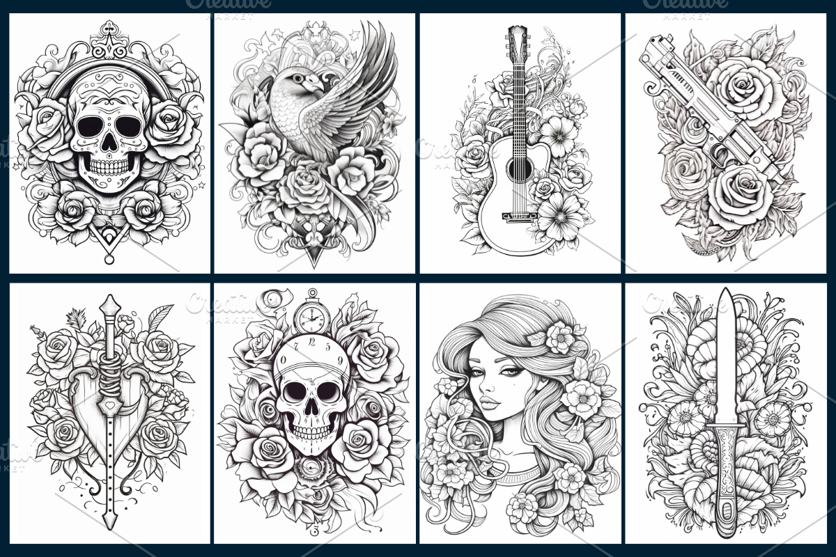 Tattoos Coloring Pages For Adults, a Decorative Illustration by Coco Bloom (Photo 2 of 5)