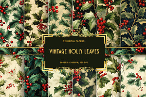 Vintage Holly Leaves Digital Papers