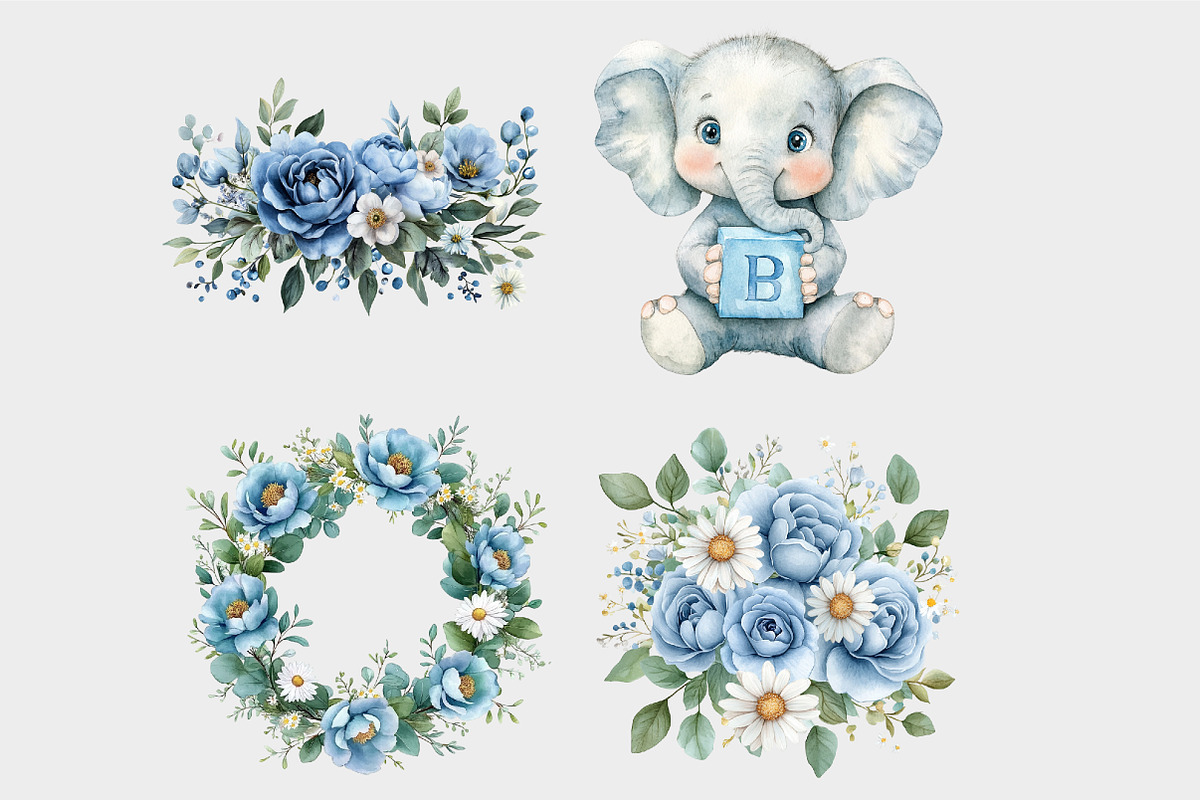 Watercolor Baby Blue Elephant Clipar, a Seasonal Illustration by Design Market (Photo 5 of 5)