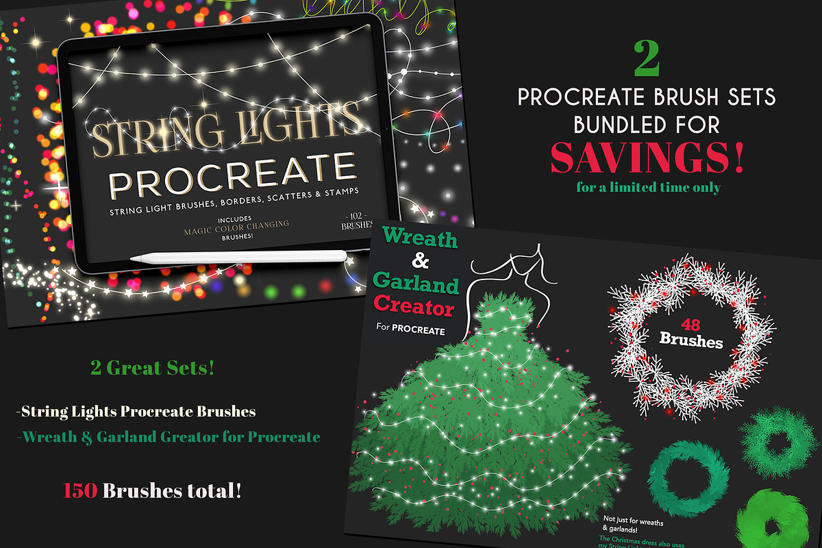 String Lights & Wreath Procreate Set, a Brush Add-On by Studio Kitsch (Photo 1 of 13)
