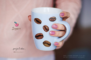 Watercolor Coffee Cup, Beans Png 100