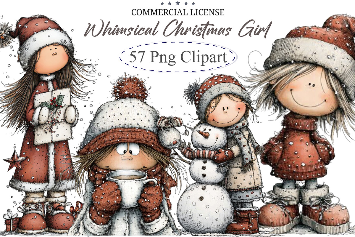 Whimsical Christmas Girl Clipart, an Illustration by designcity5 (Photo 1 of 5)
