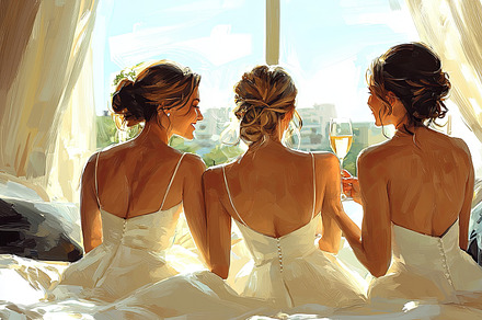 Three brides enjoying a moment together with champagne on a sunny day, an Illustration by AS photostudio