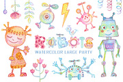 Watercolor Robots Party, an Animal Illustration by antuanetto (Thumbnail 1 of 15)