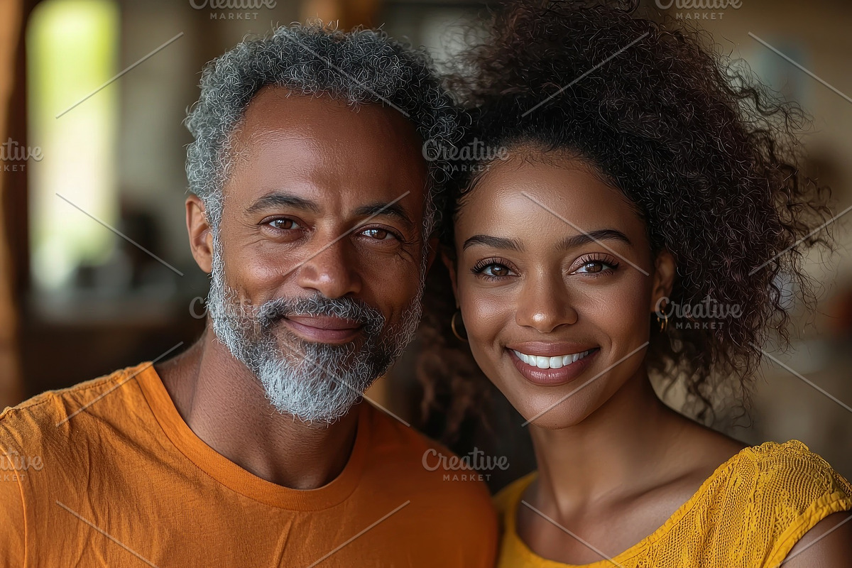 Smiling couple standing close together indoors wearing casual or, a Seasonal Illustration by José Manuel Gelpi