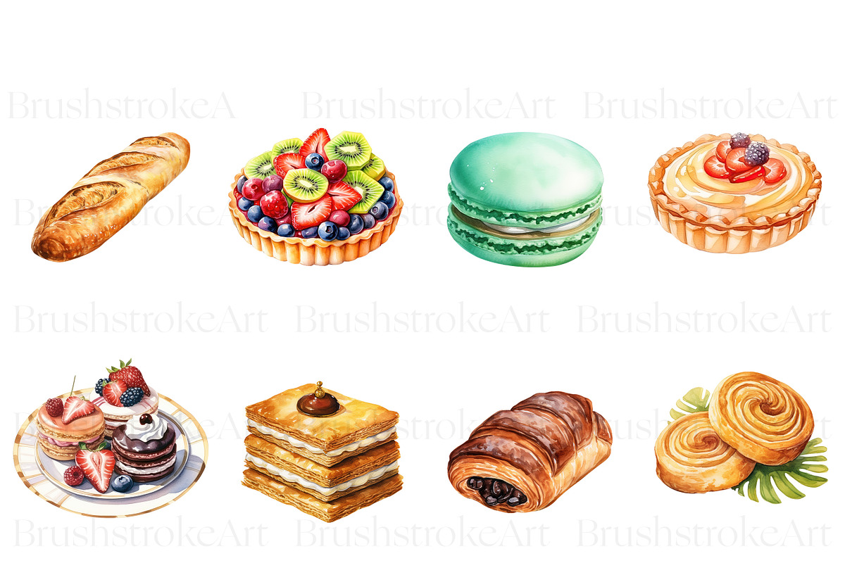 Watercolor French Pastry Clipart, an Illustration by BrushstrokeArtGB (Photo 3 of 9)