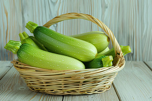 Green zucchini in basket on wooden table, a Food & Drink Photo by AlyaAnd