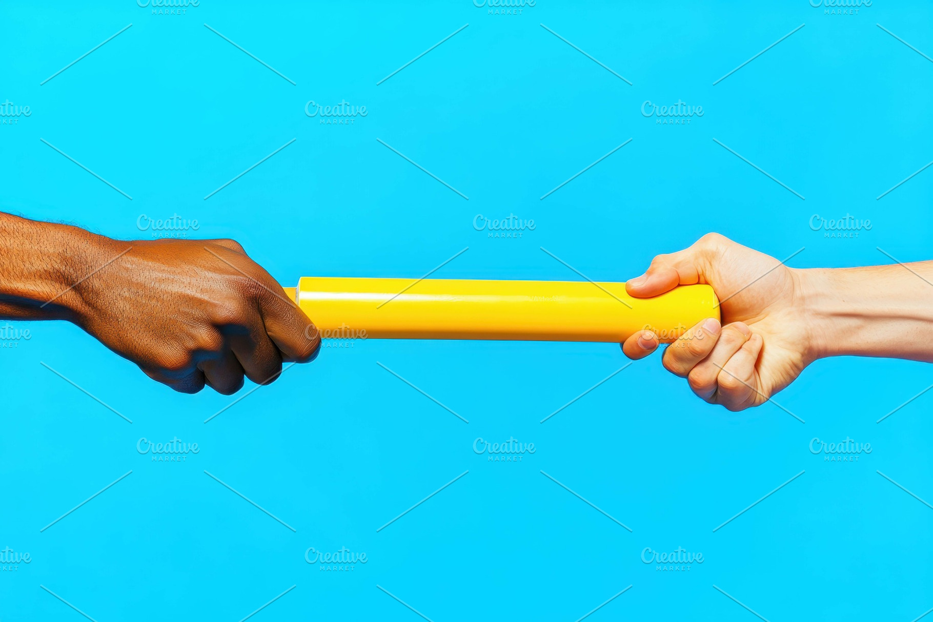 Different hands exchanging a baton a, a Photo by Tanuart