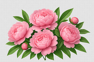 PNG pink peony flowers green leaves