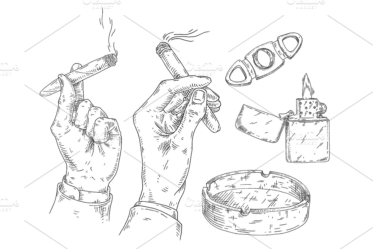 Set smoking cigar. Lighter, ashtray, a Texture Illustration by MoreVector