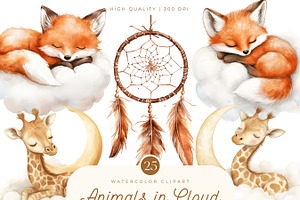 Watercolor Animals in Clouds Clipart, an Animal Illustration by SparkyDesignsUS