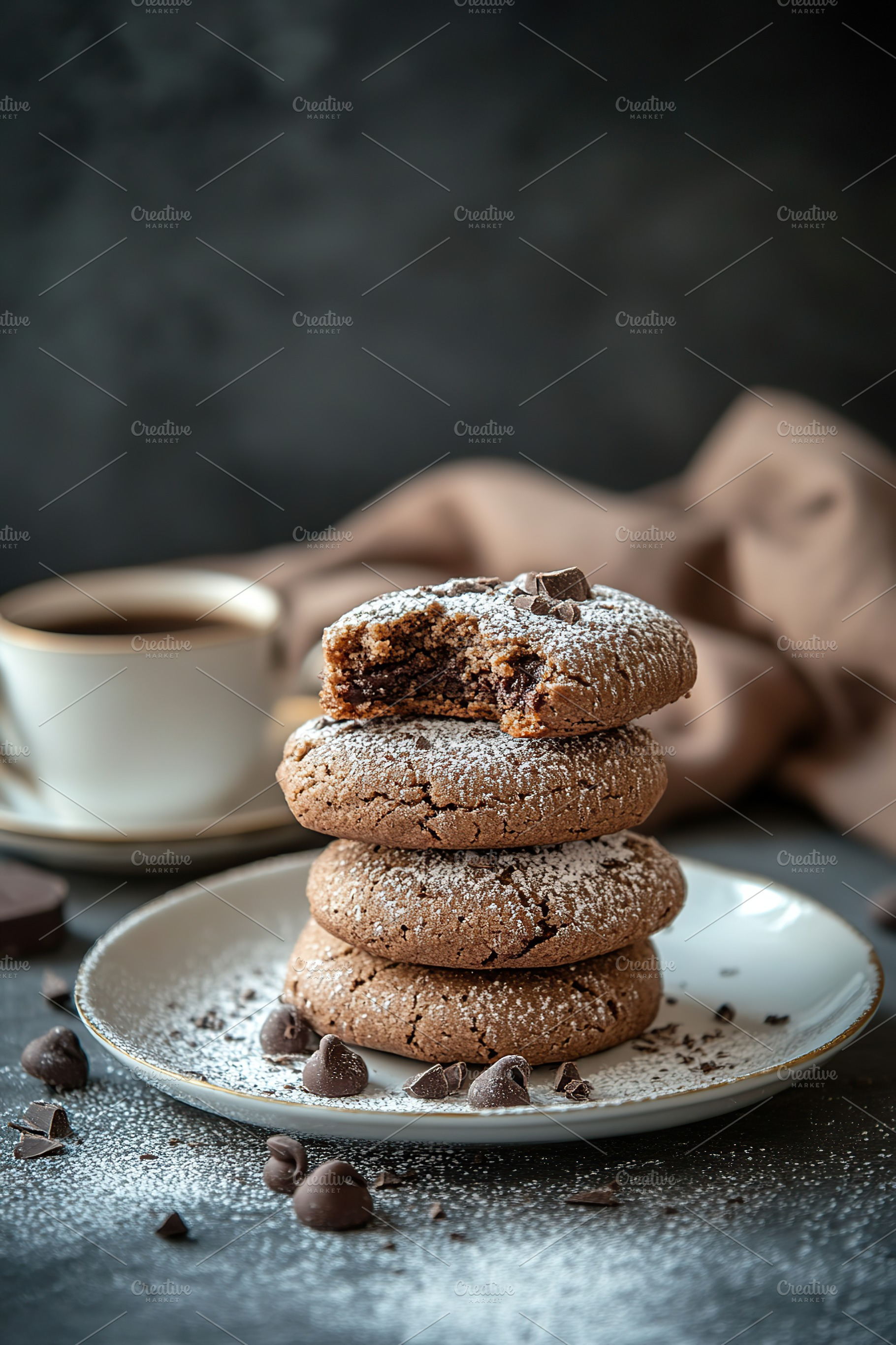 Delicious chocolate cookies stacked on a plate with a cup of coffee nearby in a, a Food & Drink Photo by AlyaAnd