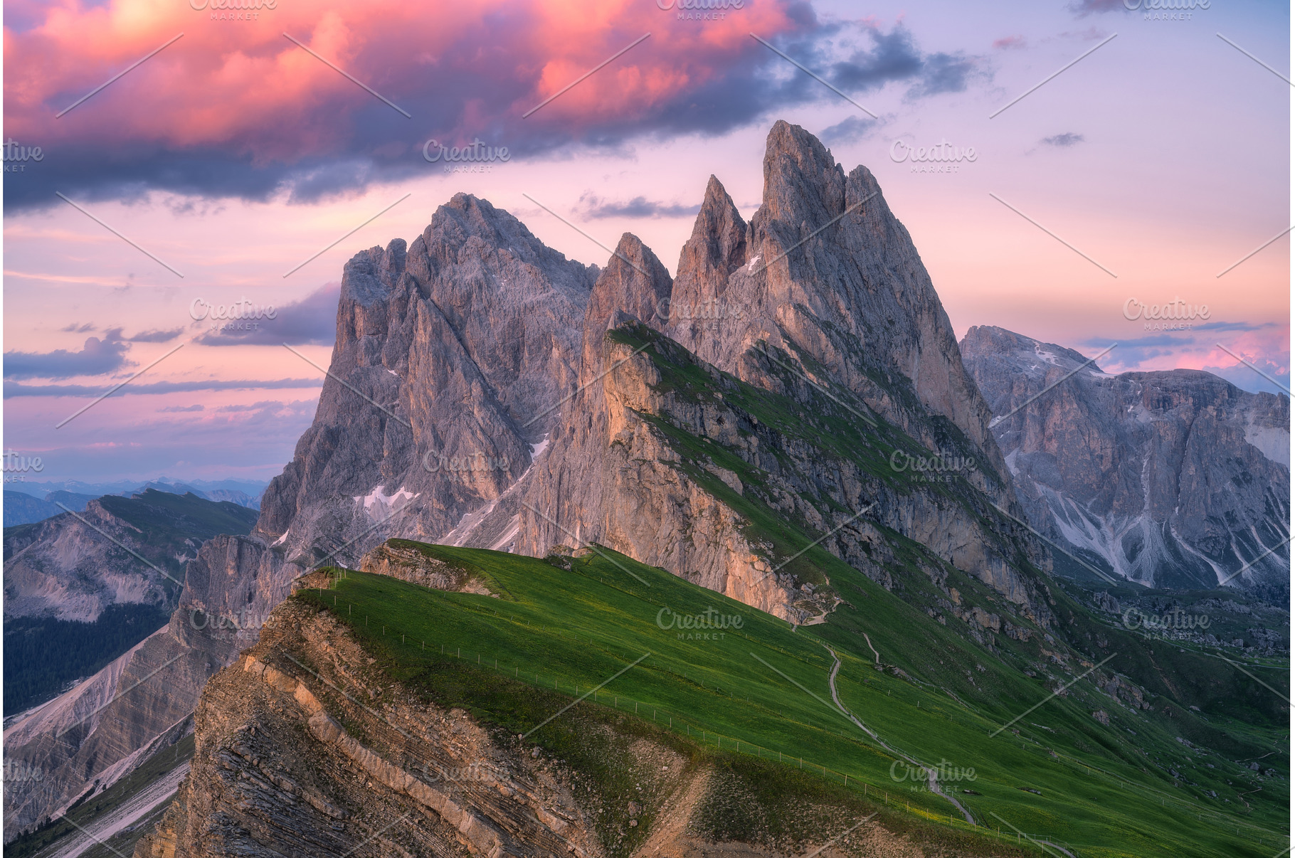 Seceda mountain and pink sky at, a Nature Photo by den-belitsky