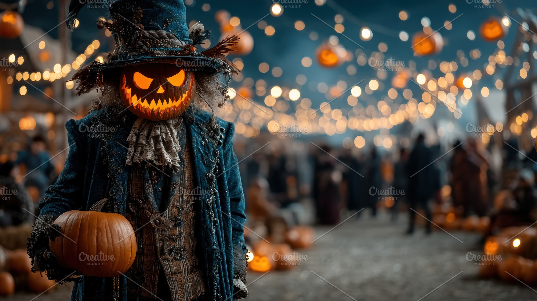 Halloween pumpkin-headed scarecrow in vintage costume holding ja, a Holiday Photo by José Manuel Gelpi