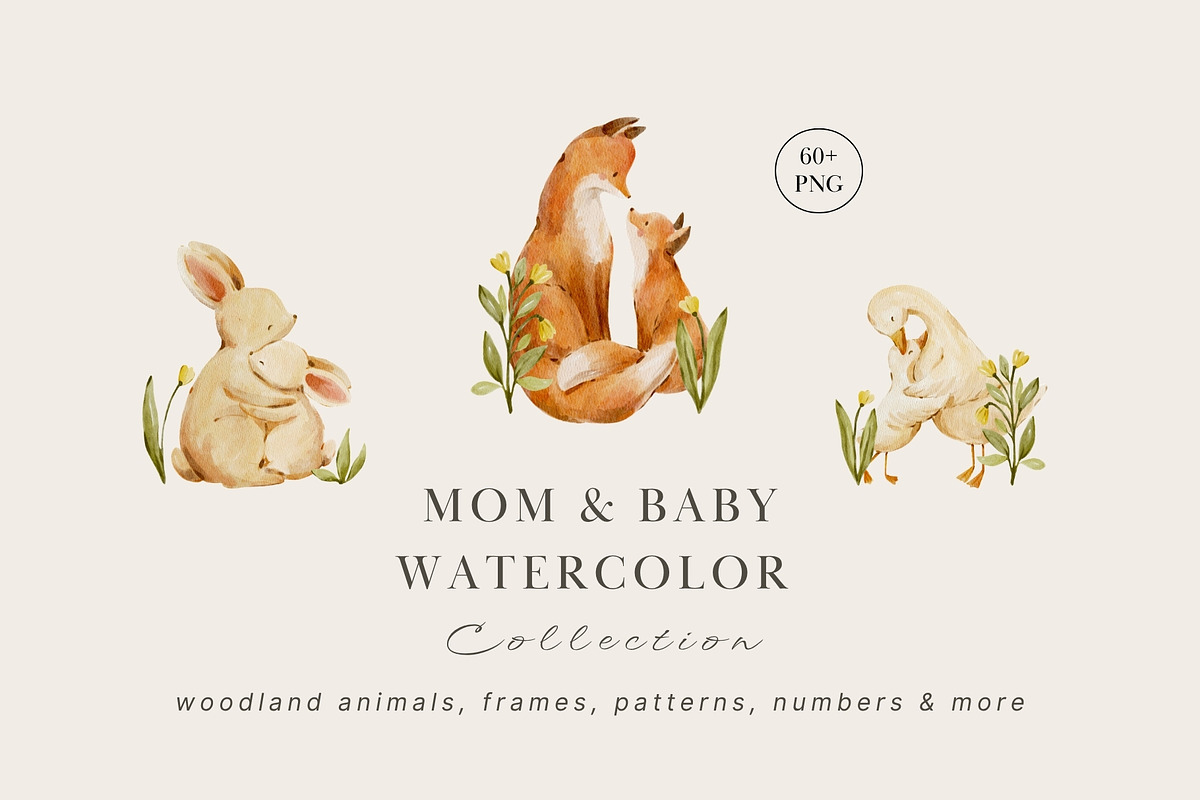 Watercolor Woodland Mom & Baby Set, an Animal Illustration by Jenteva Art (Photo 1 of 14)