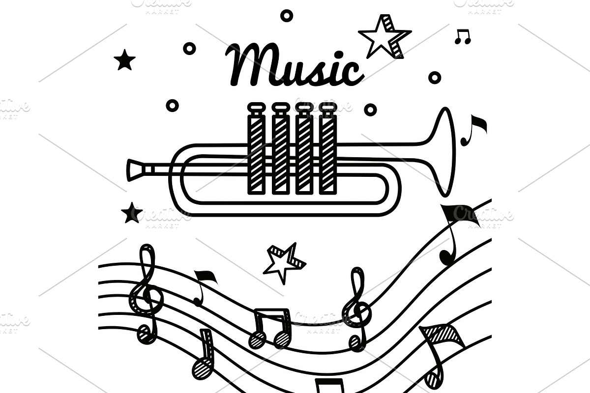 trumpet instrument with treble clef, an Illustration by studiogstock