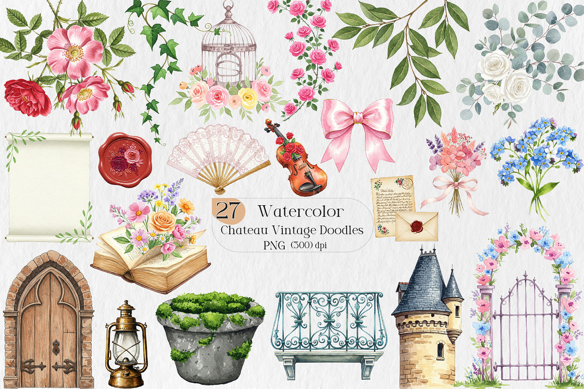 Chateau Vintage Watercolor Doodles, an Illustration by Creative Art (Photo 1 of 9)