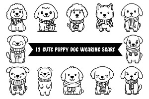 12 Cute Puppy Dog Wearing Scarf, an Animal Illustration by jongcreative
