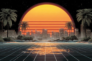 Retro sunset city skyline with neon grid, palm trees and synthwave mood evoking, a Photo by AS photostudio