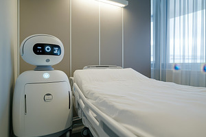 Robotic assistant standing next to a, a Photo by Tanuart