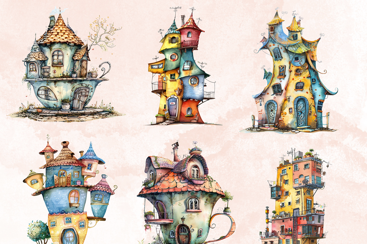 Watercolor Quirky House Clipart, a Decorative Illustration by GiraffeCreative (Photo 4 of 9)