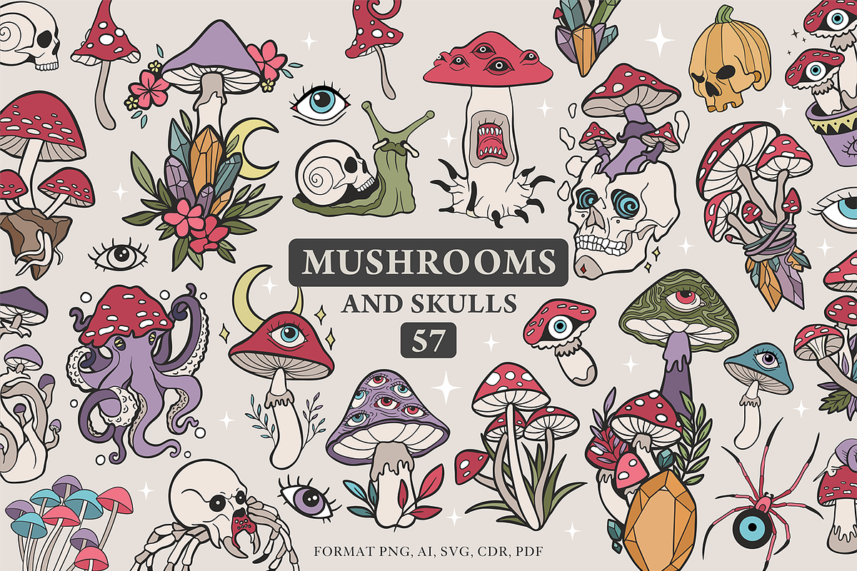 Retro mushrooms and skulls clipart, an Illustration by Siriliadka Dreams (Photo 1 of 9)